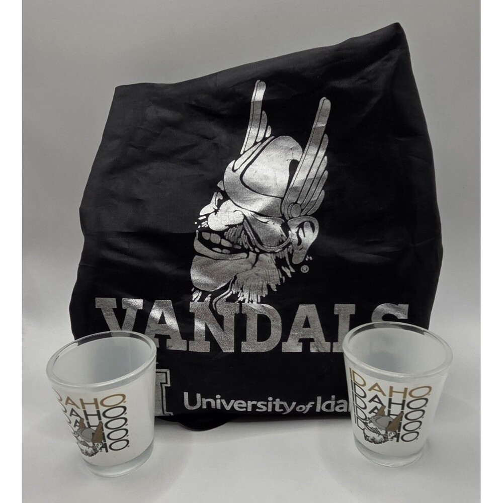 University of Idaho Vandals Drawstring Mini Backpack Tote & 2 Shot Glasses